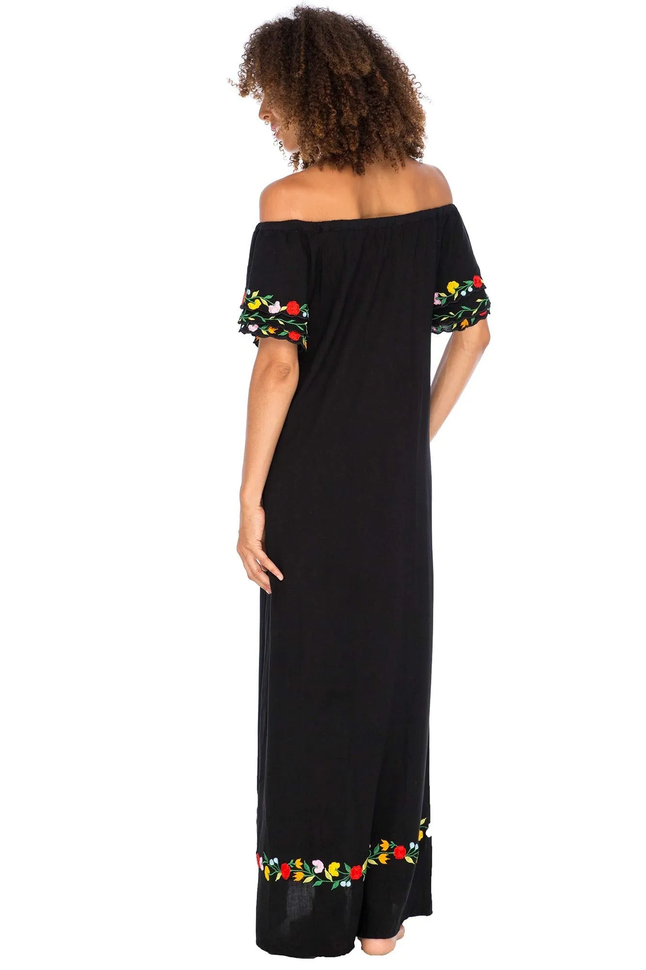 Maxi Off Shoulder Long Embroidered Floral Design Dress