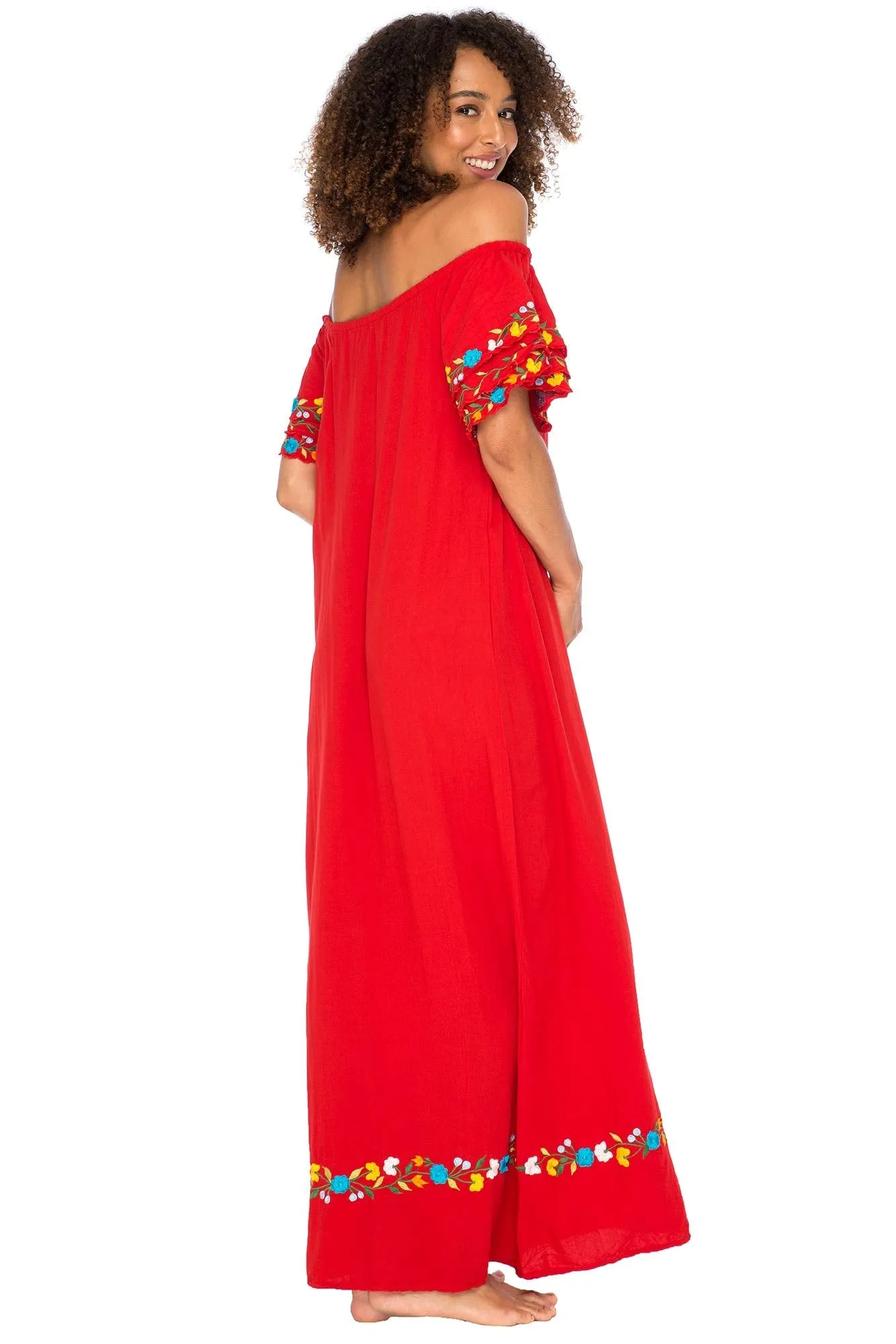 Maxi Off Shoulder Long Embroidered Floral Design Dress