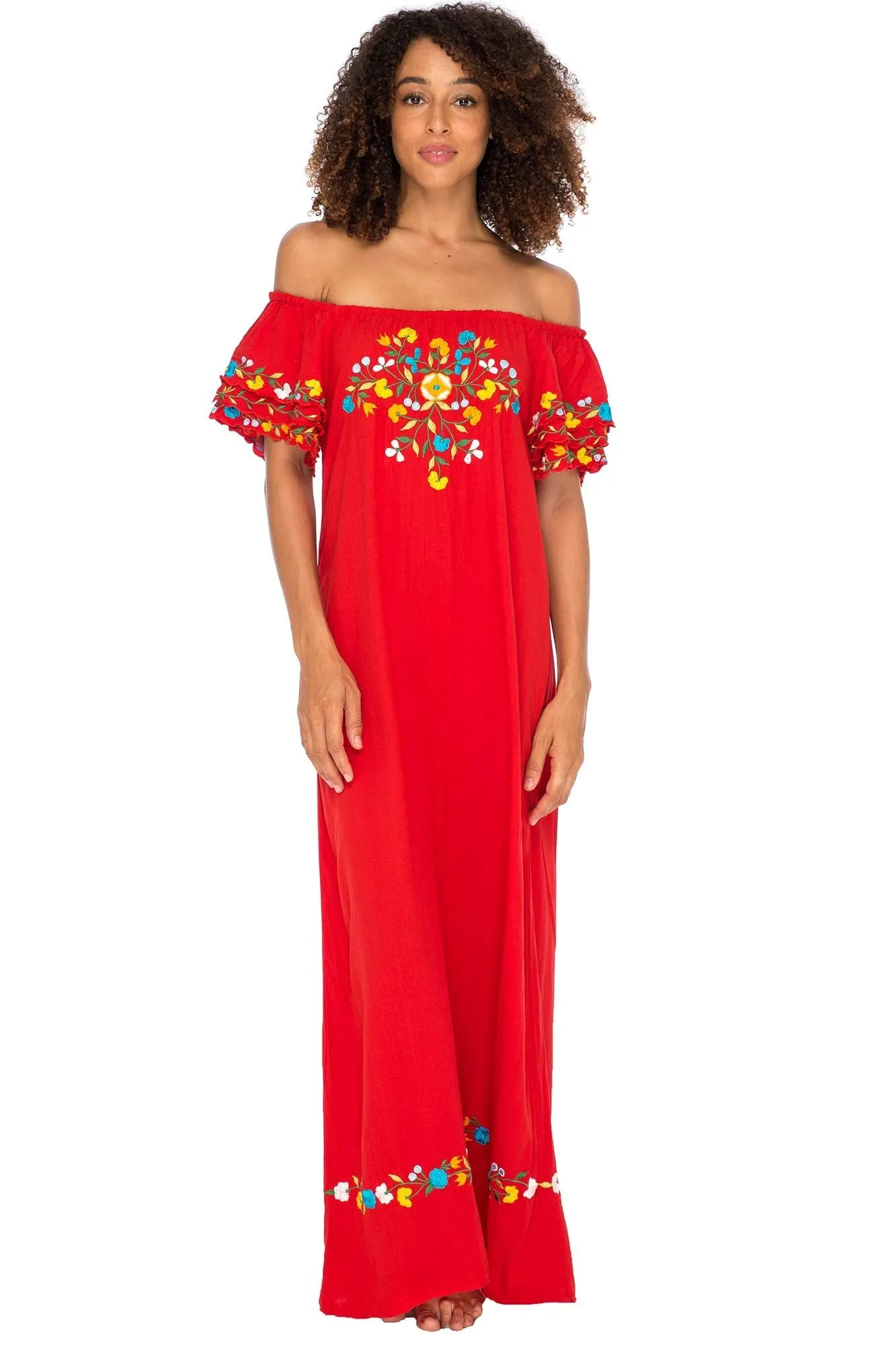 Maxi Off Shoulder Long Embroidered Floral Design Dress