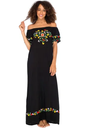 Maxi Off Shoulder Long Embroidered Floral Design Dress