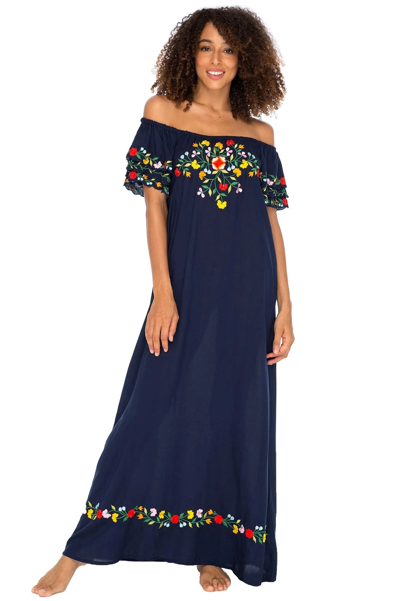 Maxi Off Shoulder Long Embroidered Floral Design Dress