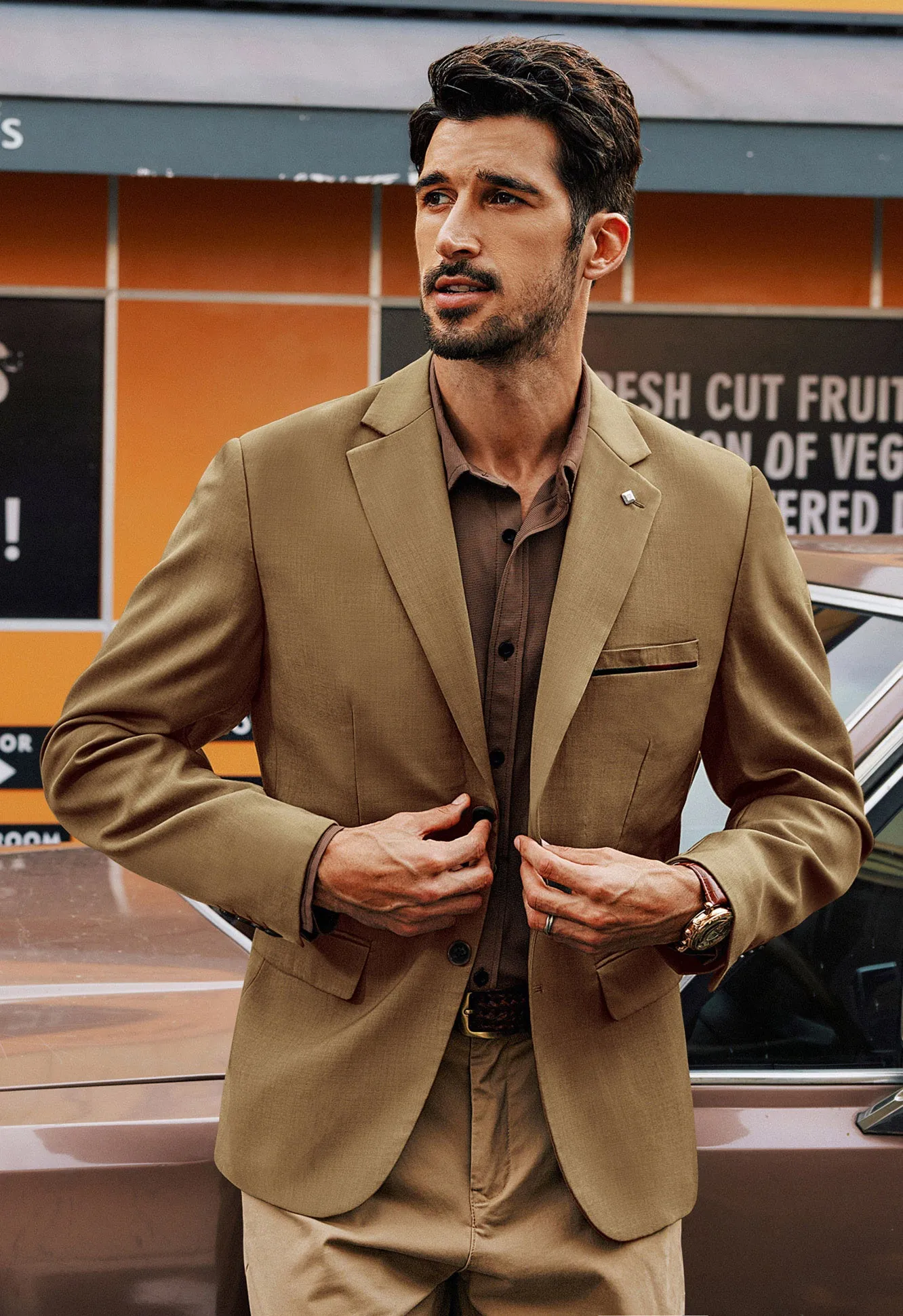 Men Two-Button Blazer Coat Long Sleeve Notch Lapel Back Slit Suit Coat