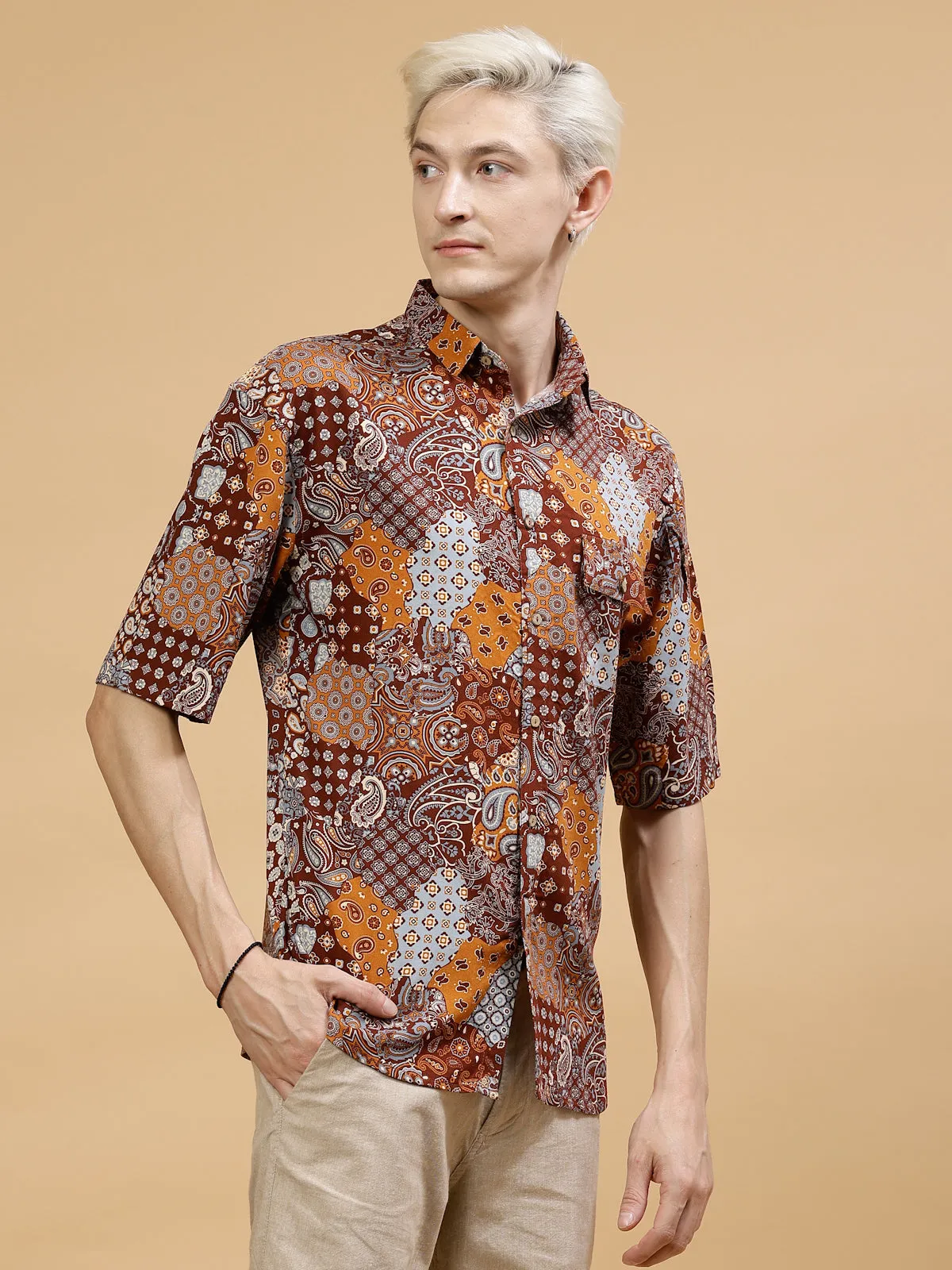 Men's Paisley Print Drop-Shoulder Hawaiian Shirt