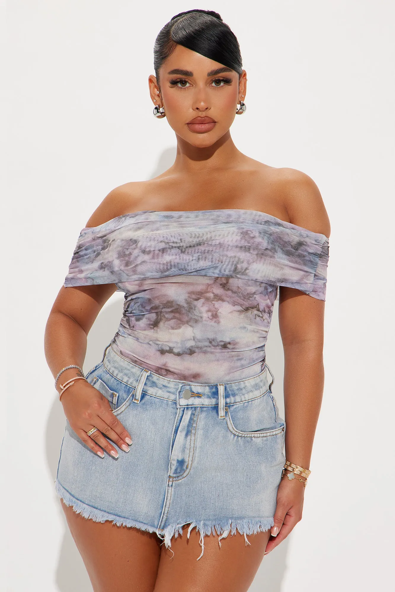 Miley Mesh Off Shoulder Bodysuit - Purple/combo