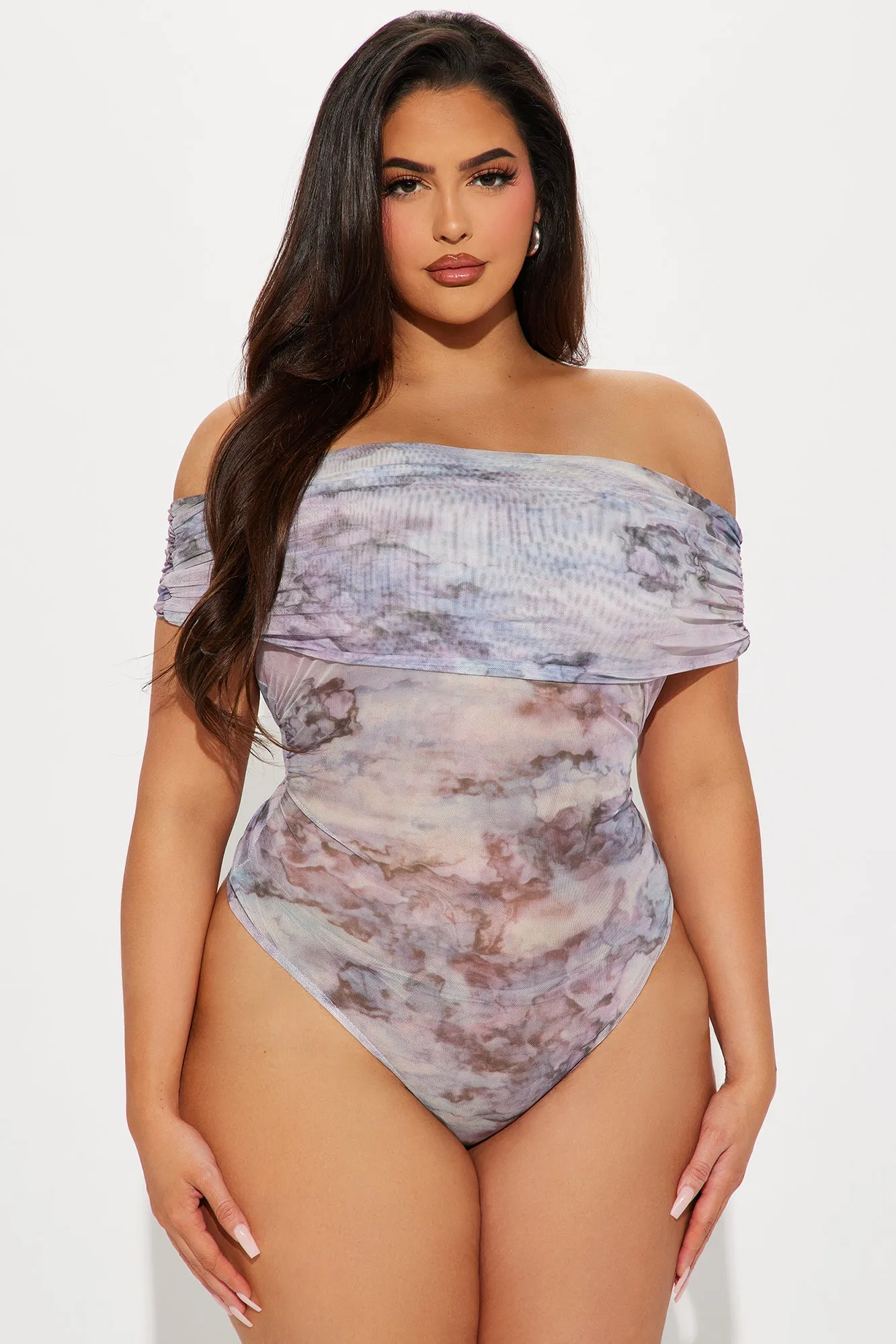 Miley Mesh Off Shoulder Bodysuit - Purple/combo