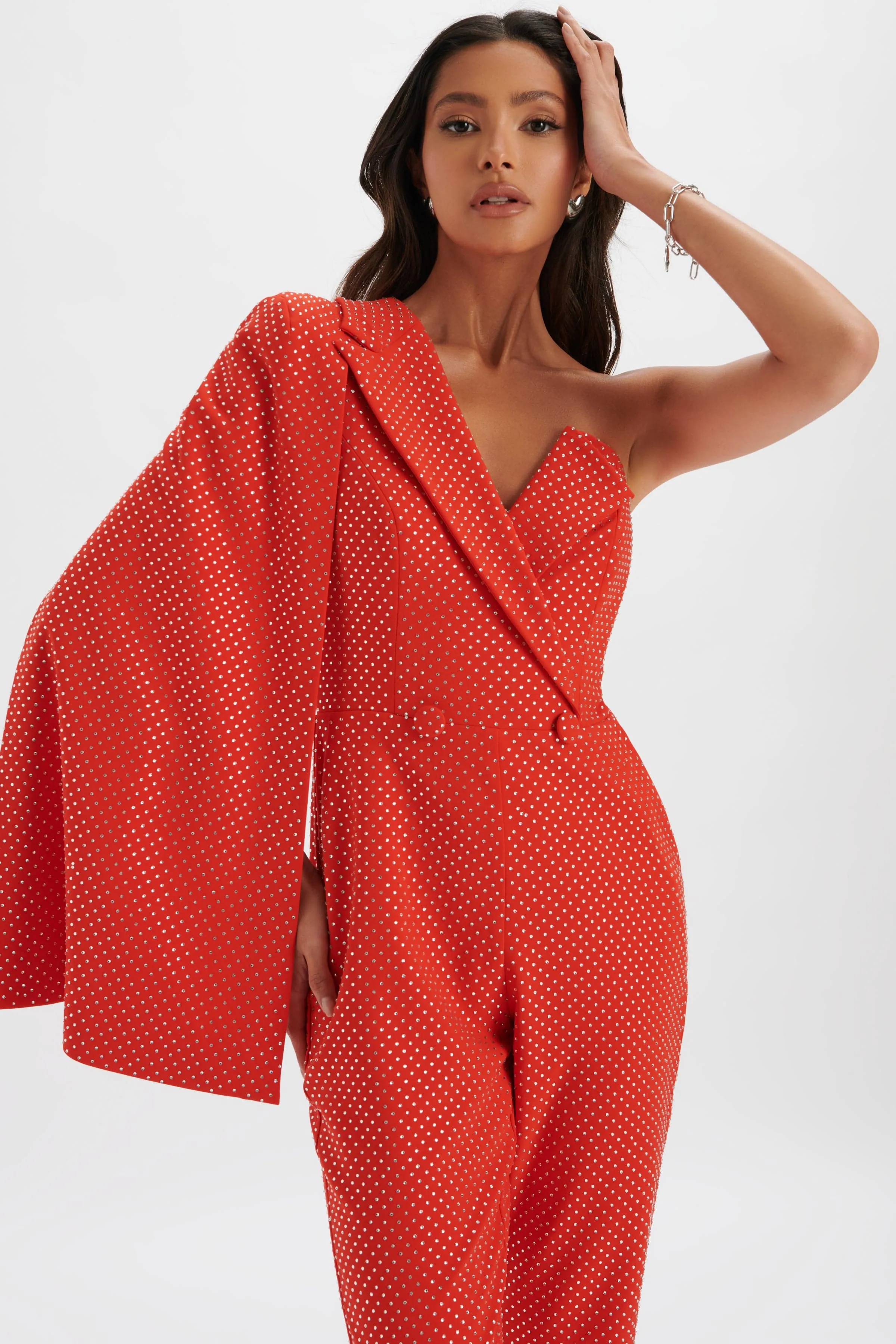 MISCHA Crystal Embellished One Shoulder Cape Jumpsuit in Red