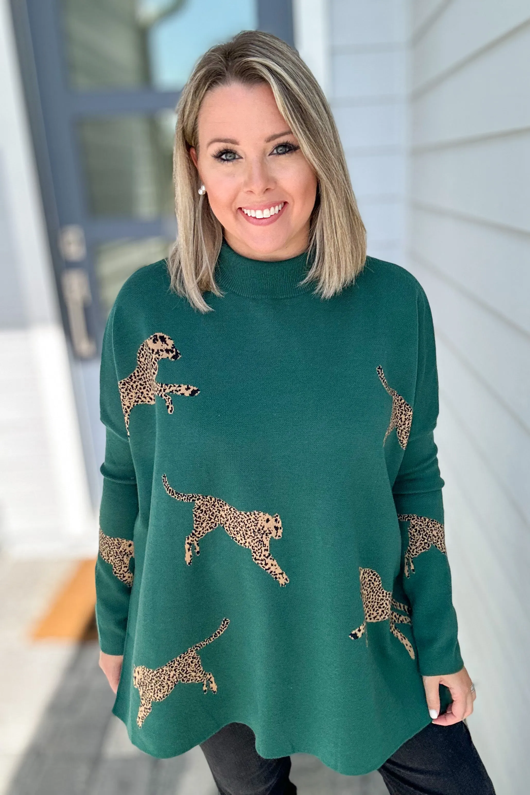 Miss Leopard Mock Neck Sweater - Hunter Green