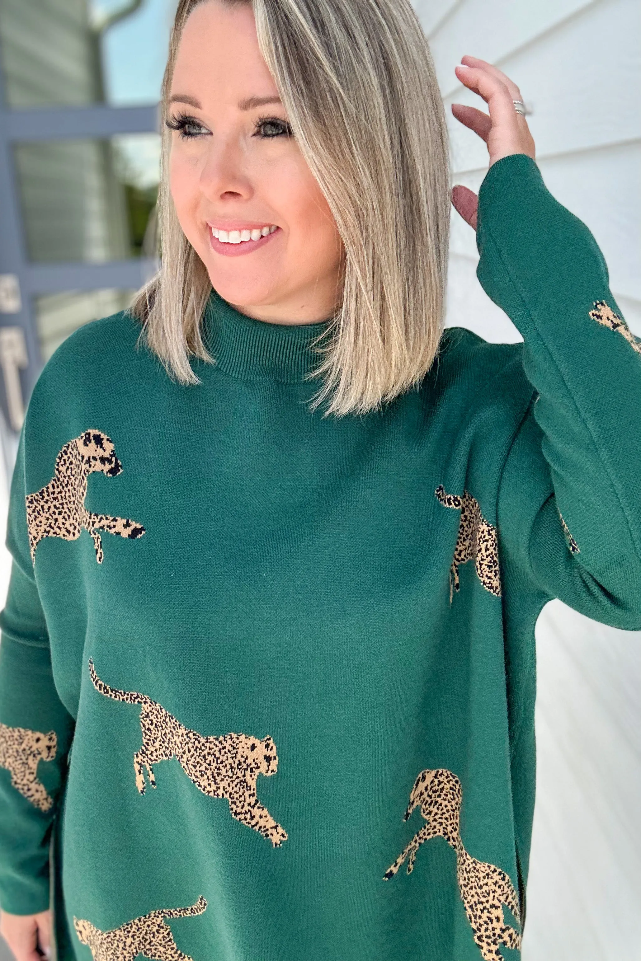 Miss Leopard Mock Neck Sweater - Hunter Green