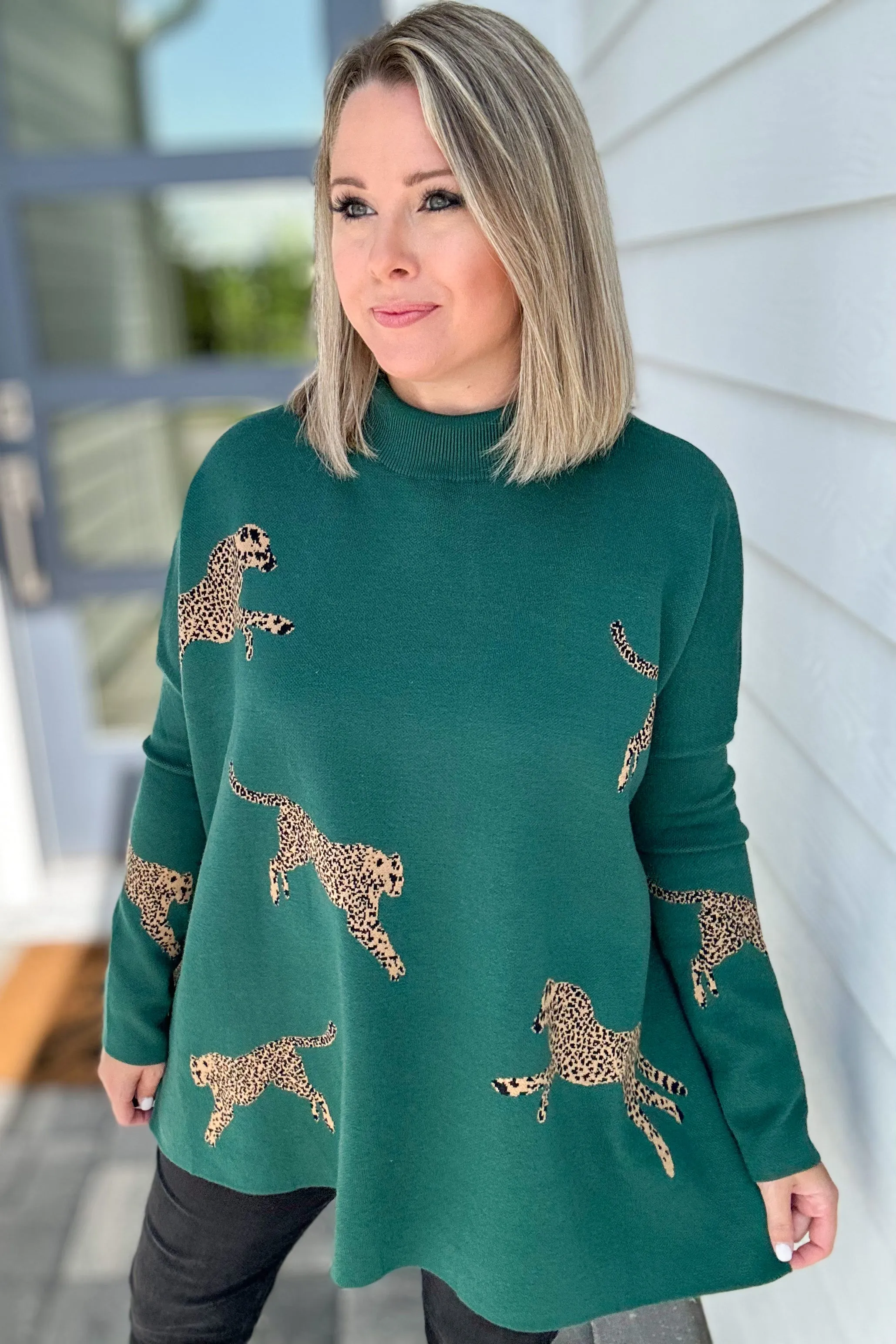 Miss Leopard Mock Neck Sweater - Hunter Green