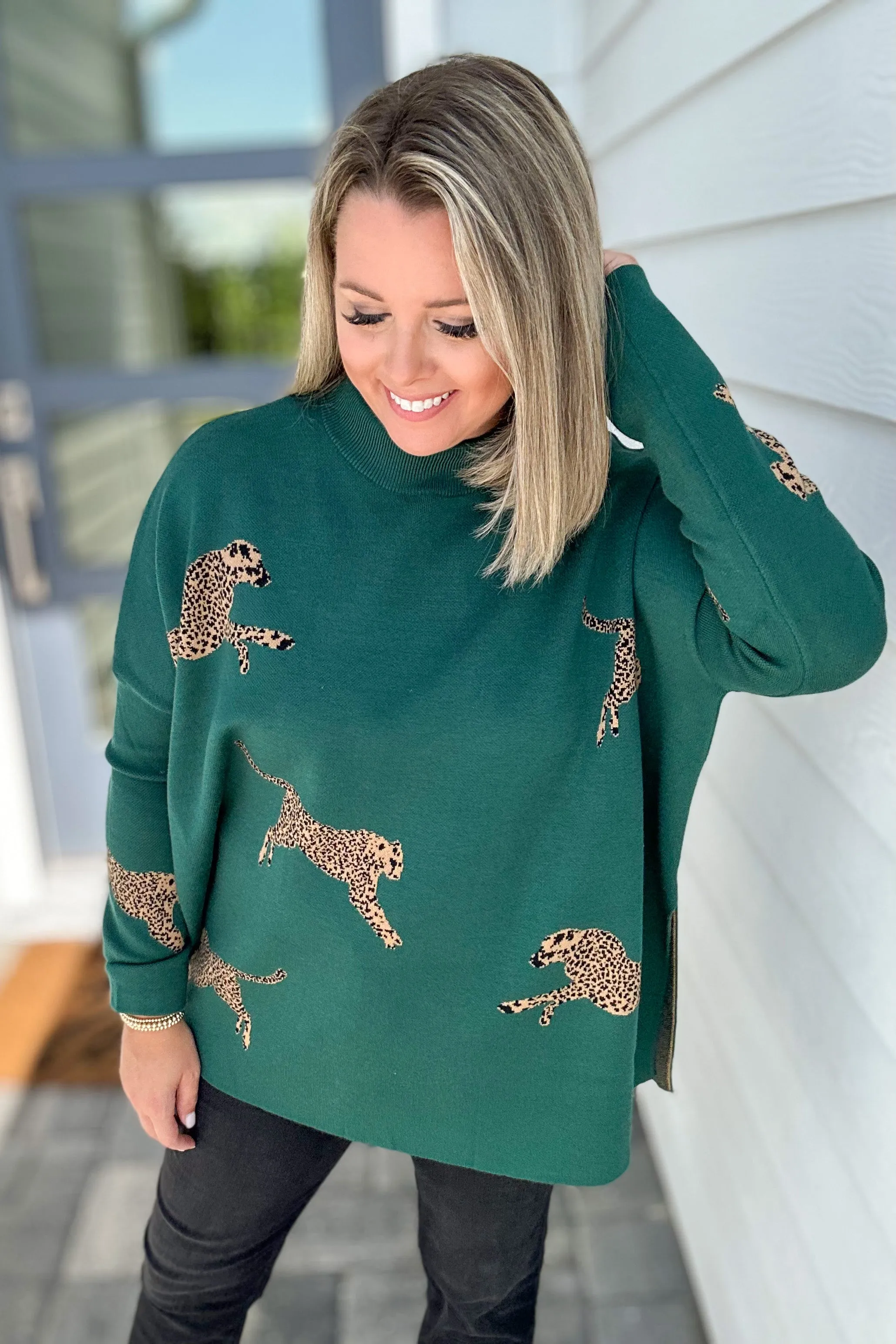 Miss Leopard Mock Neck Sweater - Hunter Green