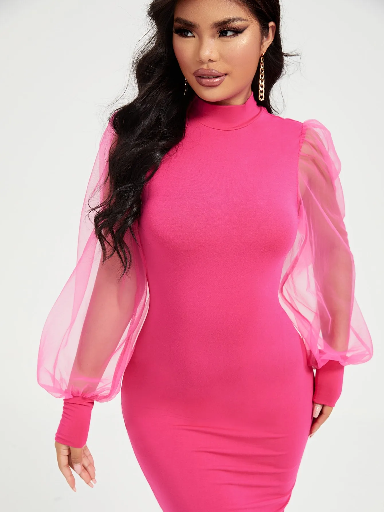 Mock Neck Mesh Bell Sleeve Maxi Dress