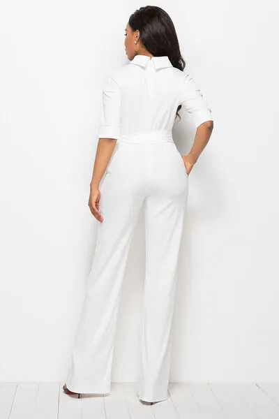 Mock Neck Tie-Waist Half Sleeve Jumpsuit