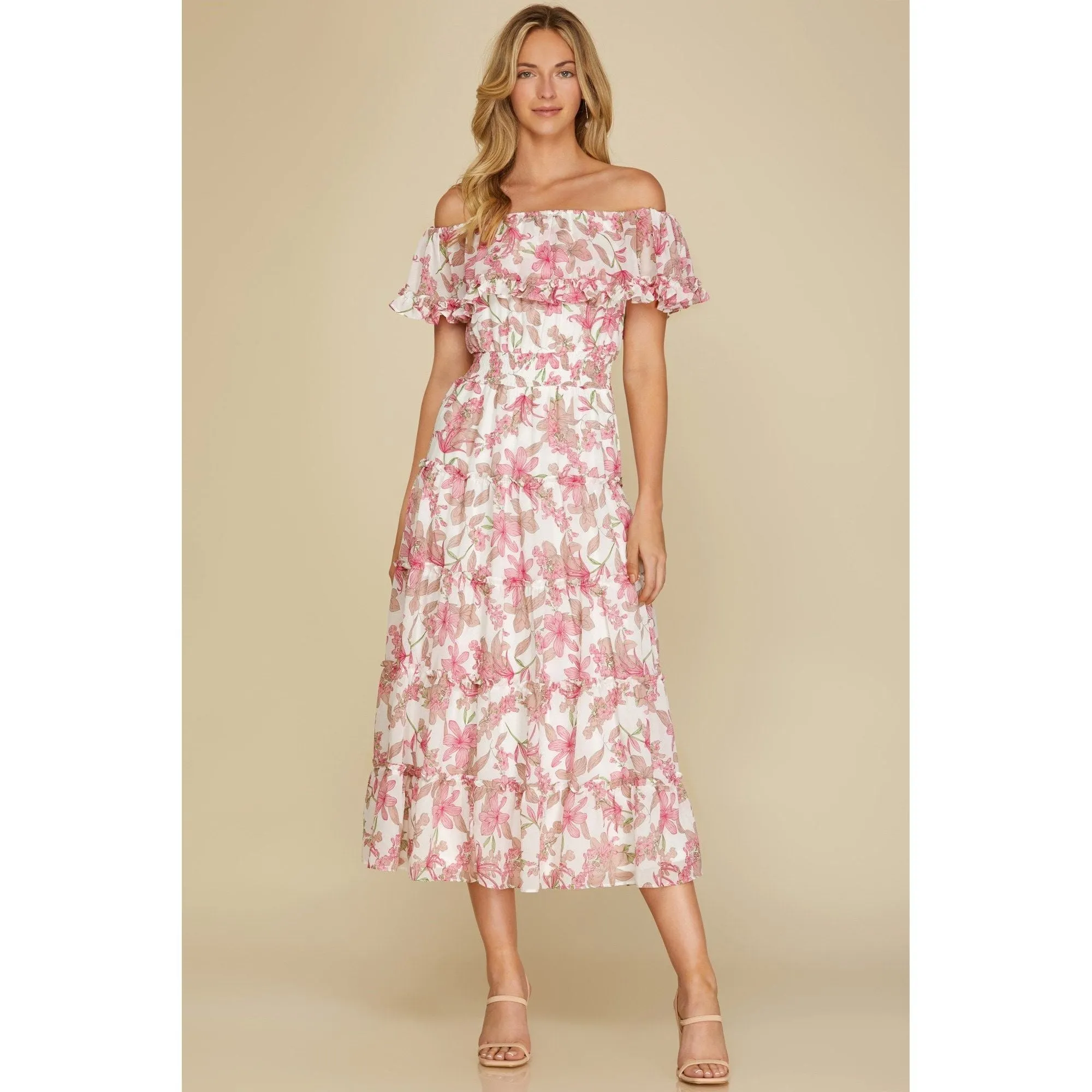 Off Shoulder Ruffled Woven Print Midi Dress