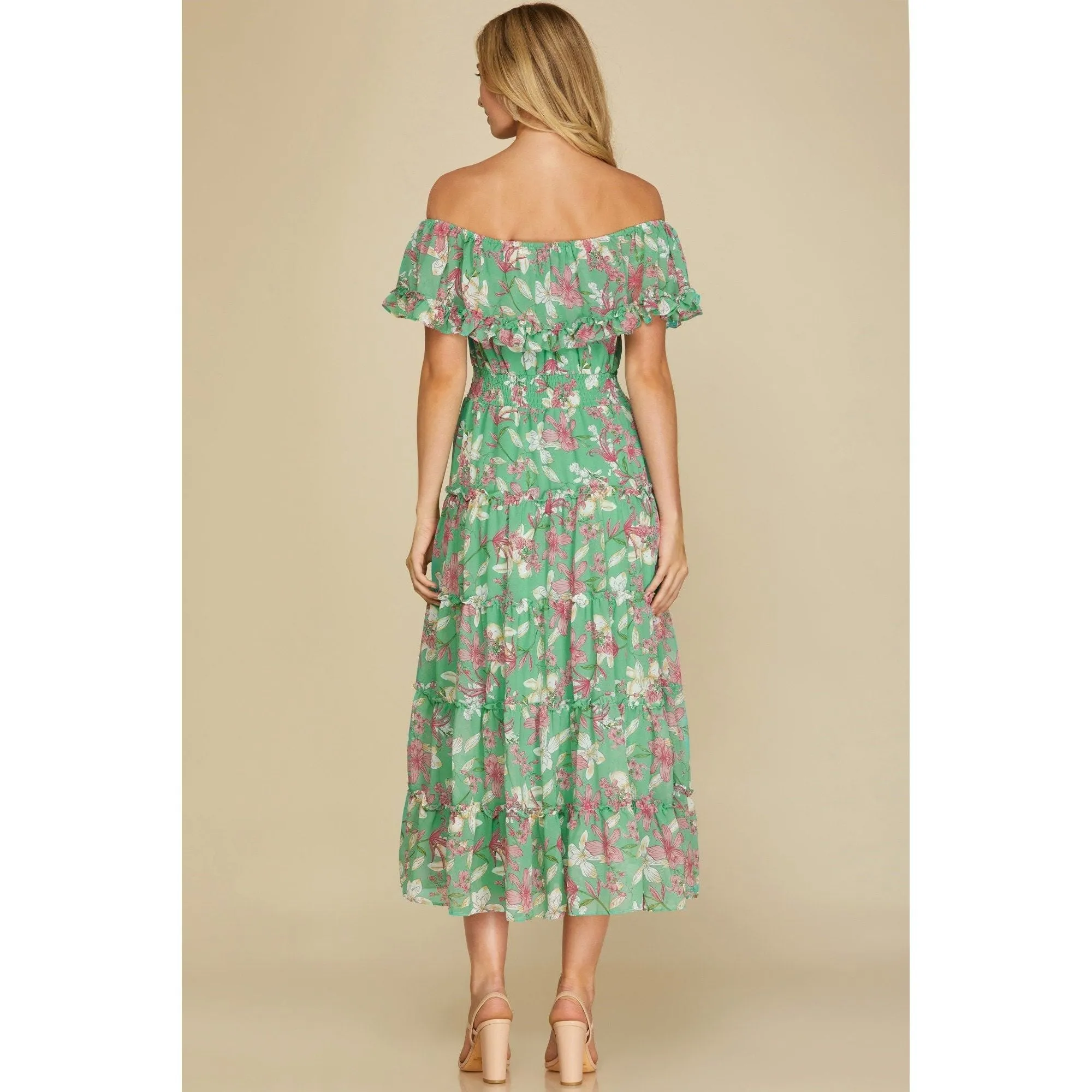 Off Shoulder Ruffled Woven Print Midi Dress