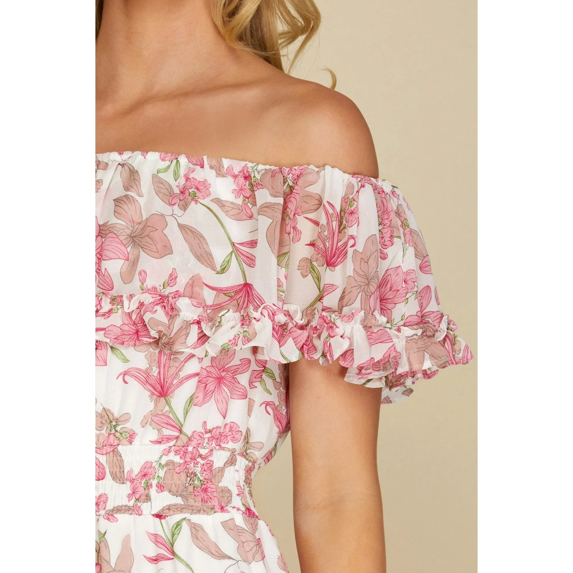 Off Shoulder Ruffled Woven Print Midi Dress