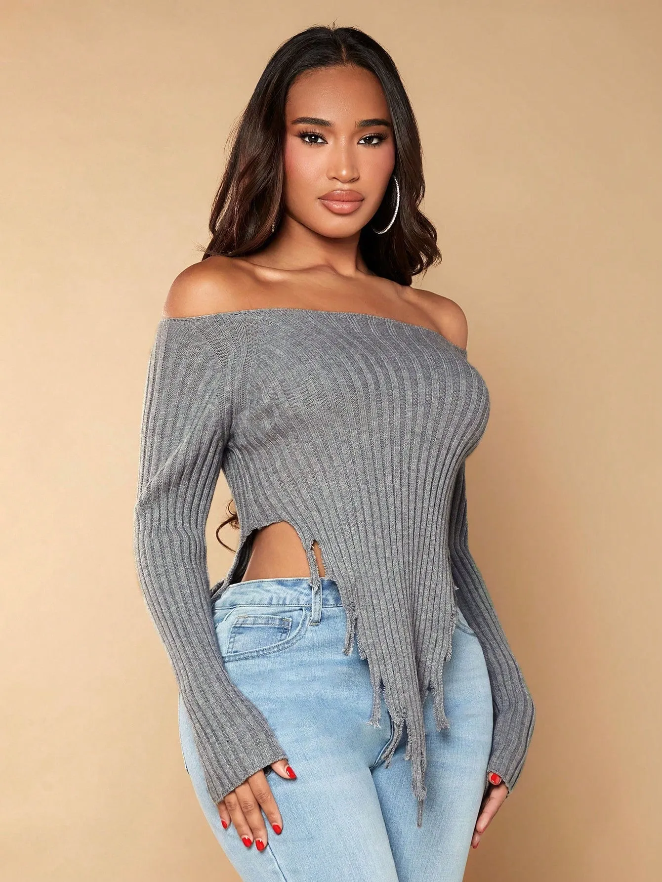 Off the Shoulder Asymmetrical Crop Sweater