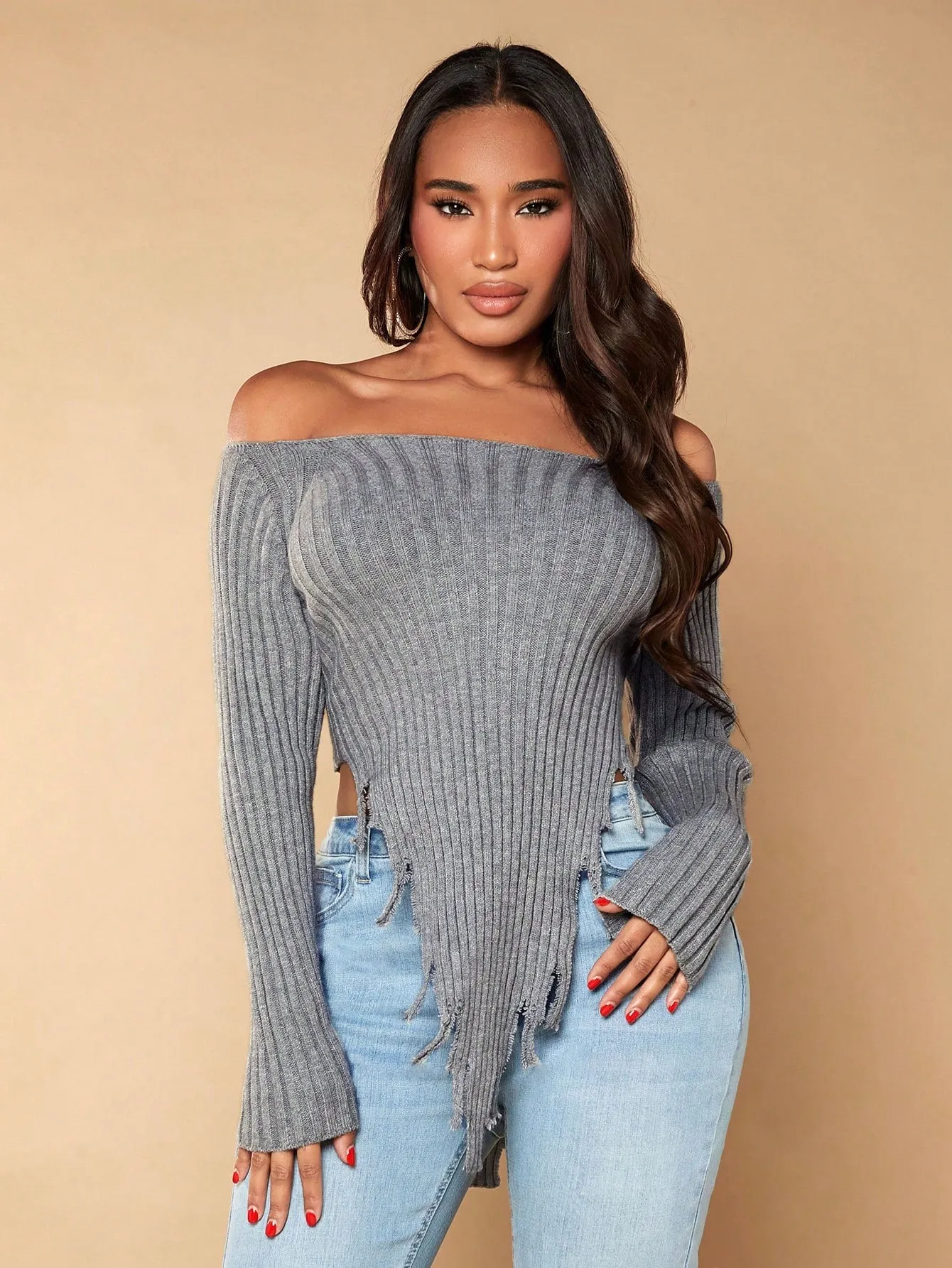 Off the Shoulder Asymmetrical Crop Sweater