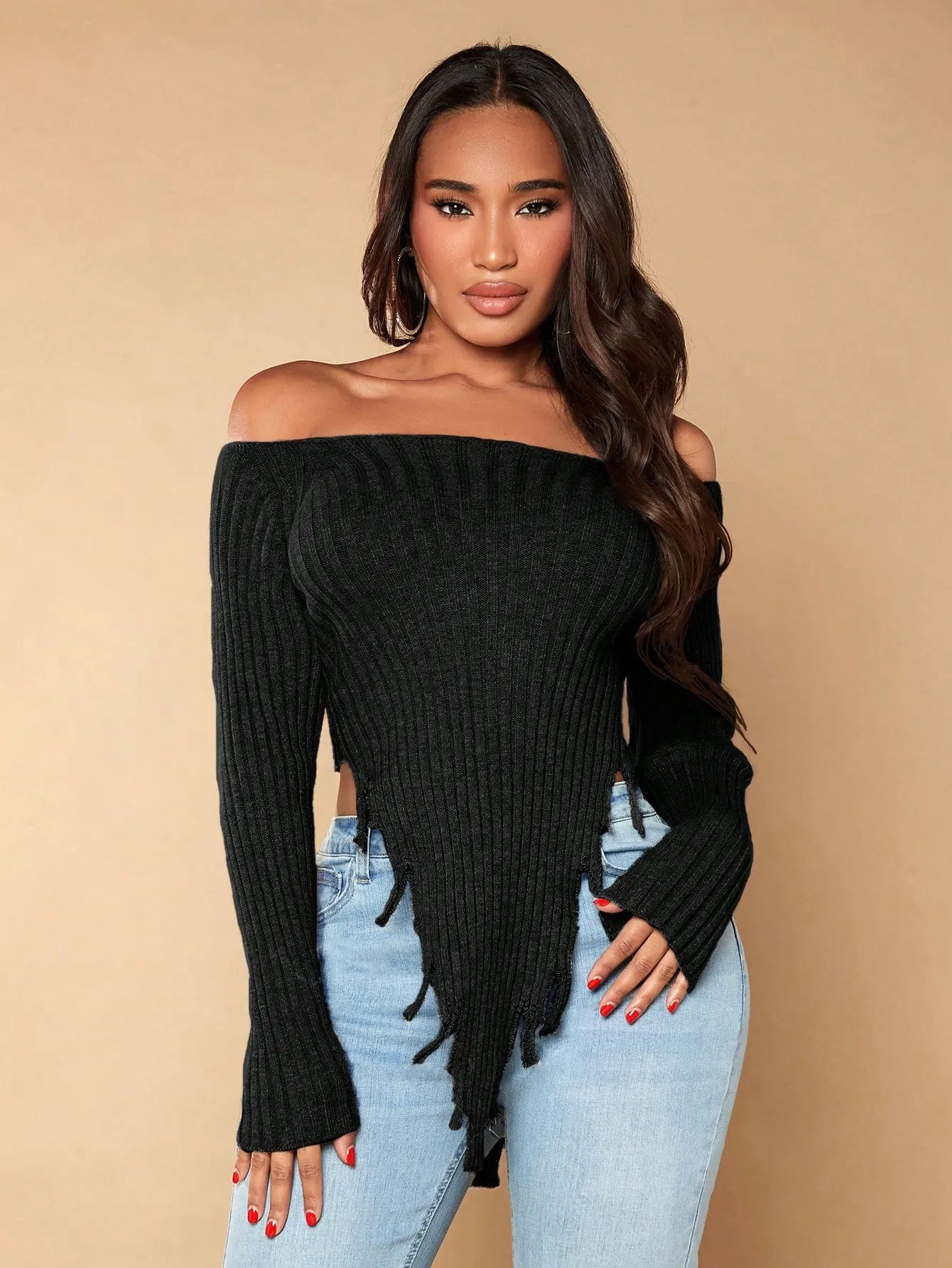 Off the Shoulder Asymmetrical Crop Sweater