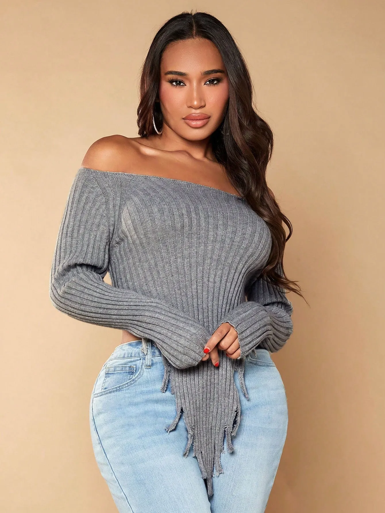 Off the Shoulder Asymmetrical Crop Sweater