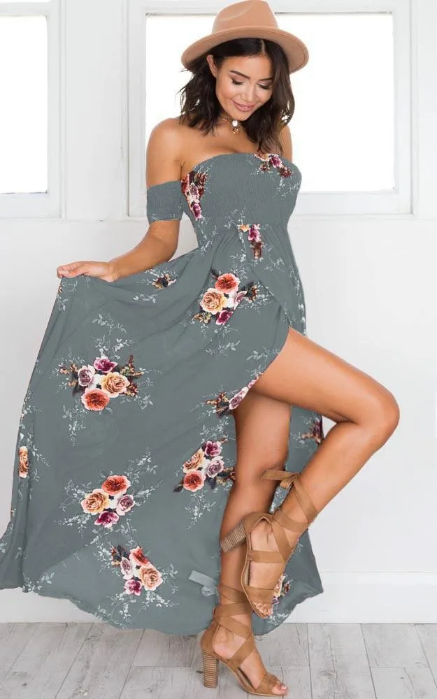 OFF-THE-SHOULDER FLORAL HIGH SLIT MAXI DRESS