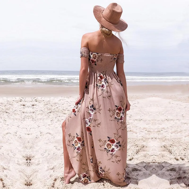 OFF-THE-SHOULDER FLORAL HIGH SLIT MAXI DRESS