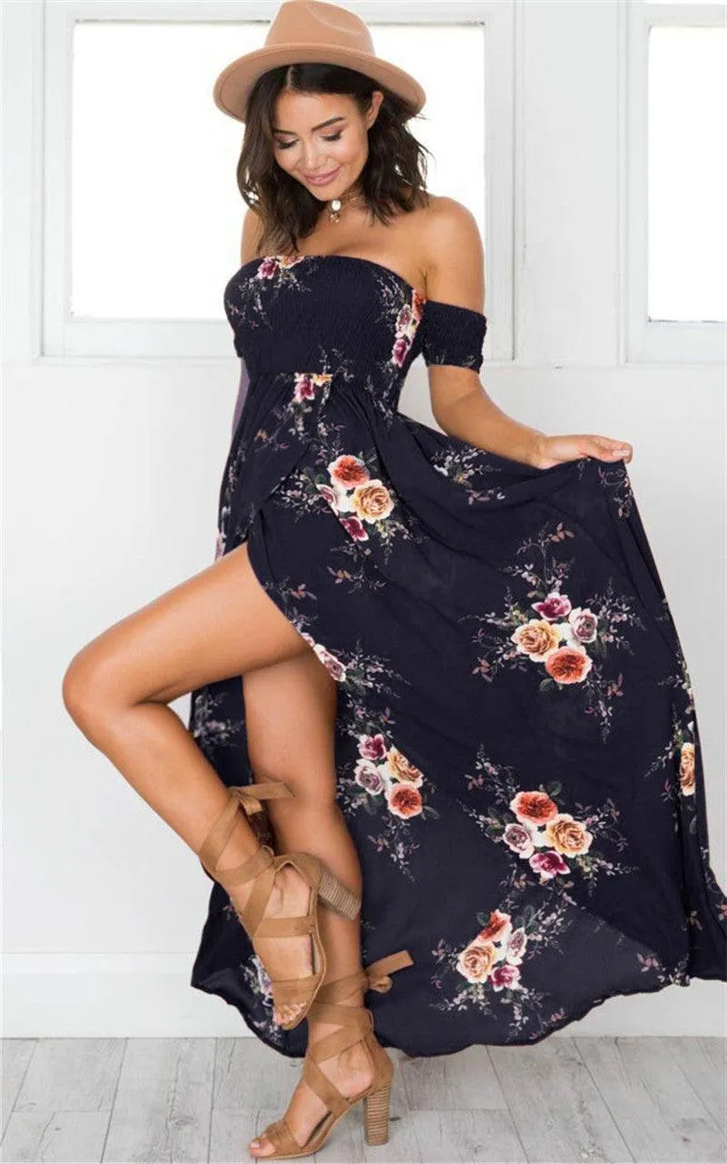 OFF-THE-SHOULDER FLORAL HIGH SLIT MAXI DRESS