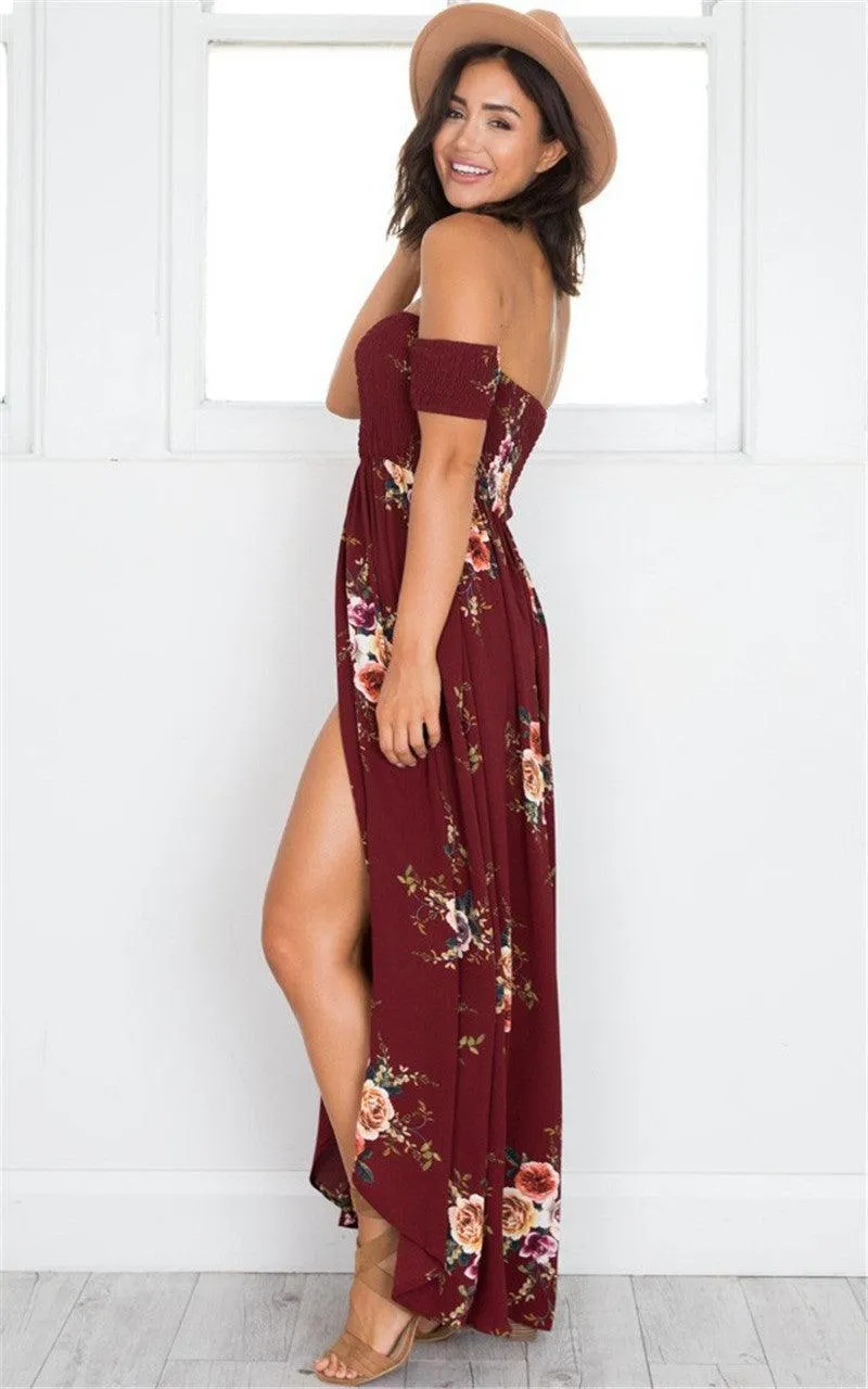 OFF-THE-SHOULDER FLORAL HIGH SLIT MAXI DRESS