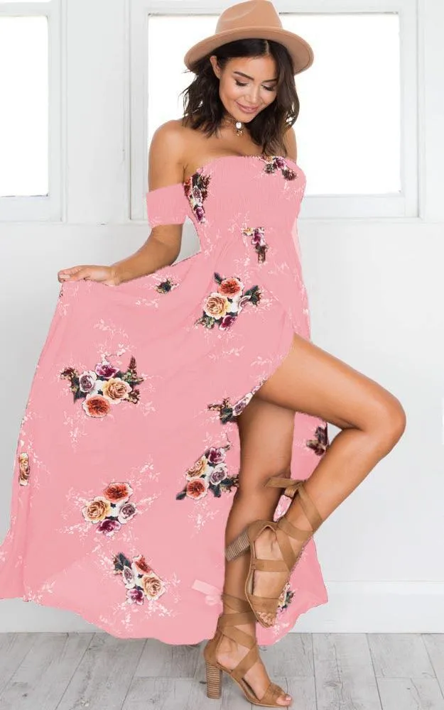 OFF-THE-SHOULDER FLORAL HIGH SLIT MAXI DRESS