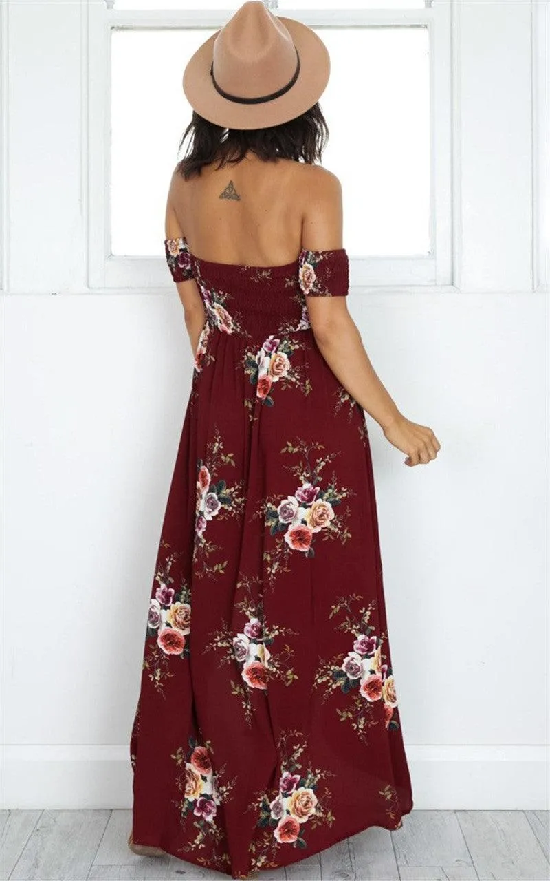 OFF-THE-SHOULDER FLORAL HIGH SLIT MAXI DRESS