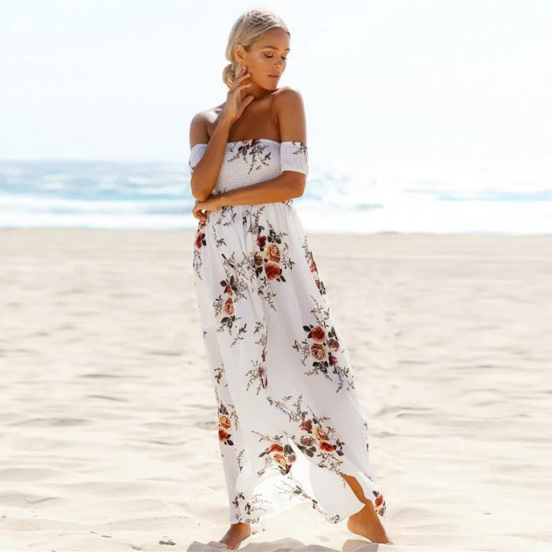 OFF-THE-SHOULDER FLORAL HIGH SLIT MAXI DRESS