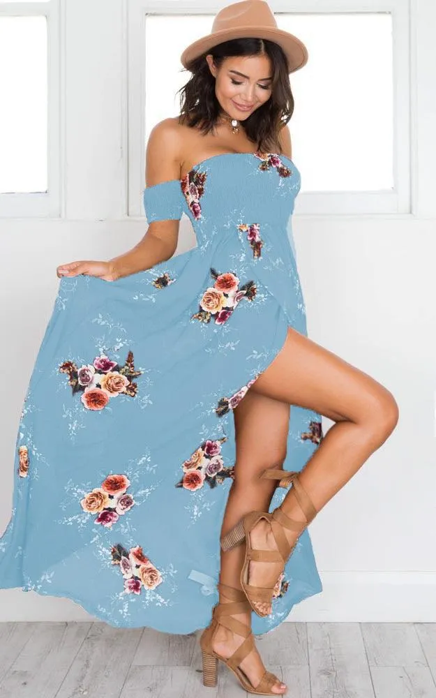 OFF-THE-SHOULDER FLORAL HIGH SLIT MAXI DRESS