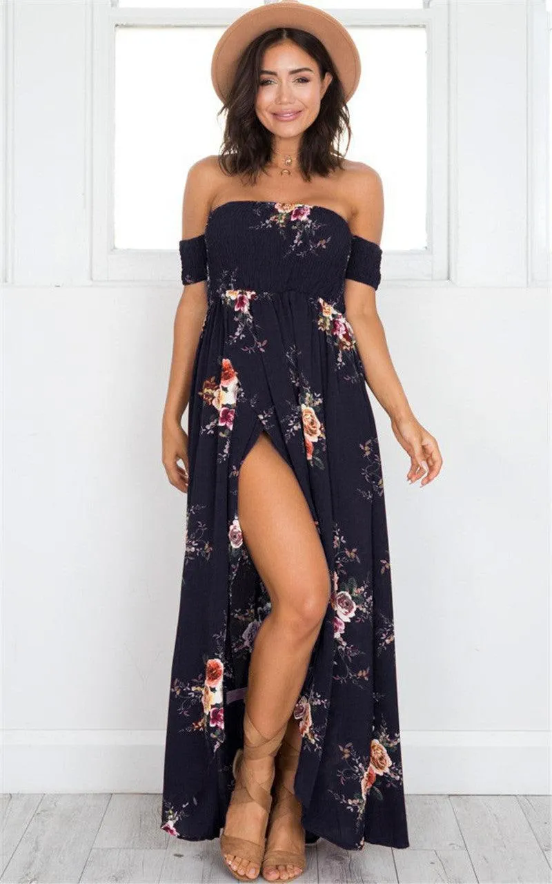 OFF-THE-SHOULDER FLORAL HIGH SLIT MAXI DRESS