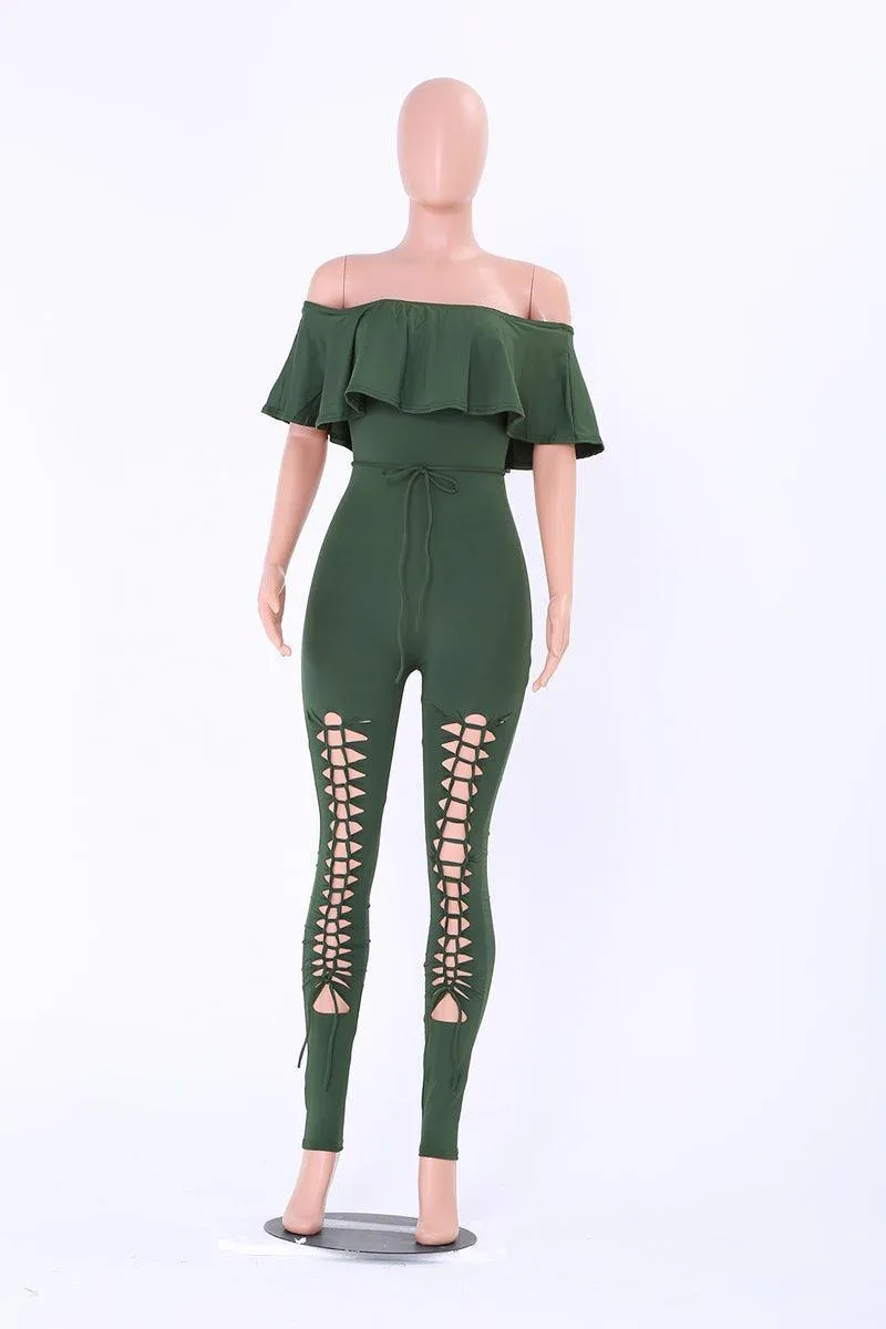 OFF-THE-SHOULDER LACE-UP JUMPSUIT