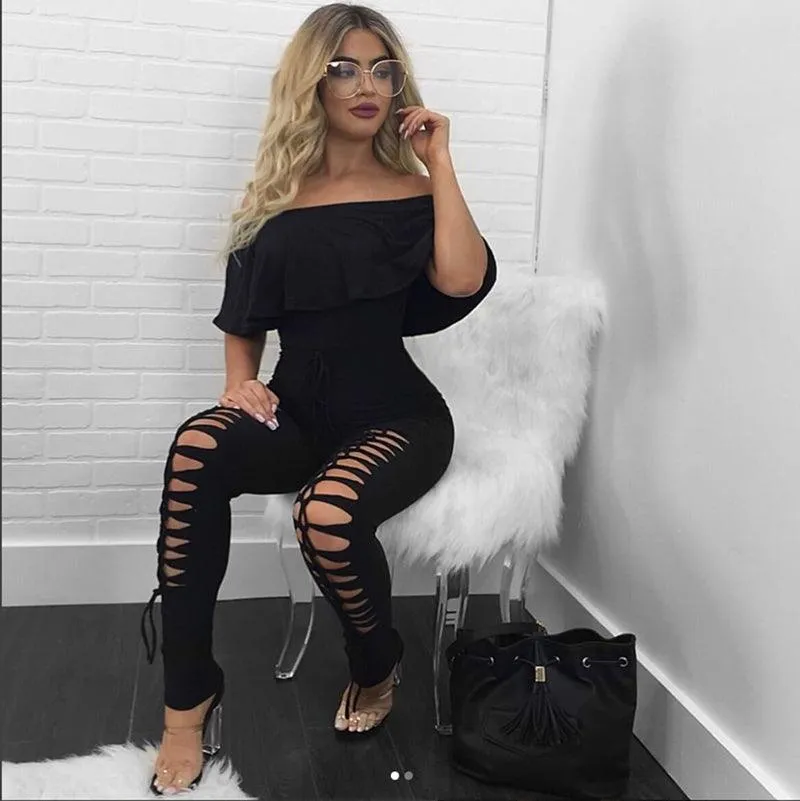 OFF-THE-SHOULDER LACE-UP JUMPSUIT