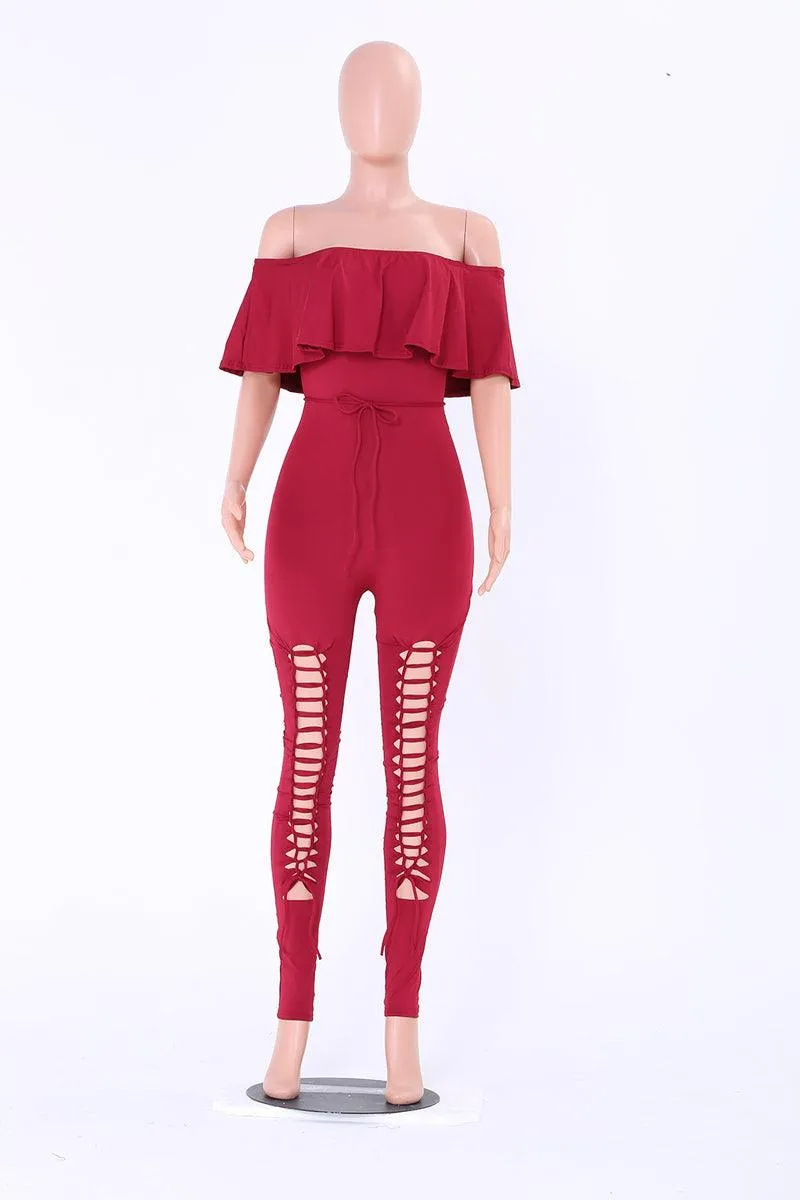 OFF-THE-SHOULDER LACE-UP JUMPSUIT