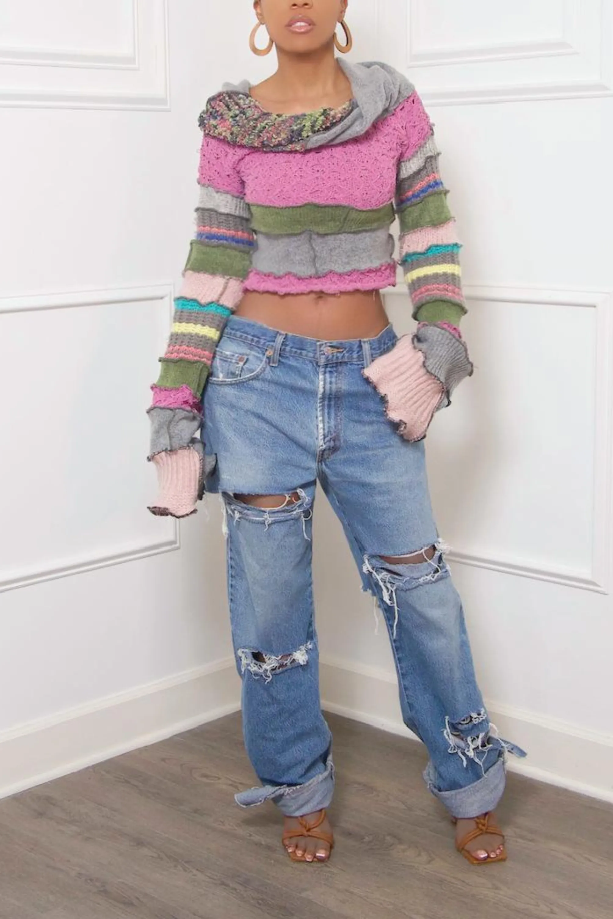 Pink & Green Mix Vintage Upcycled Off Shoulder Knit Sweater (S/M)