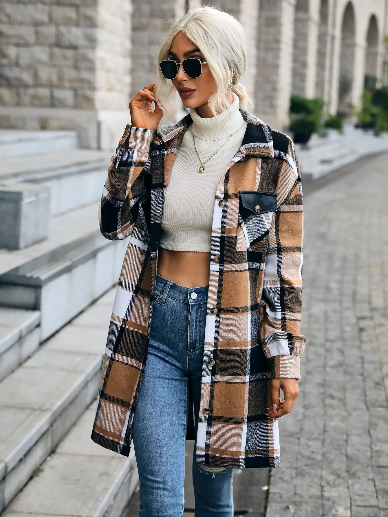 Plaid Print Drop Shoulder Flap Pocket Overcoat