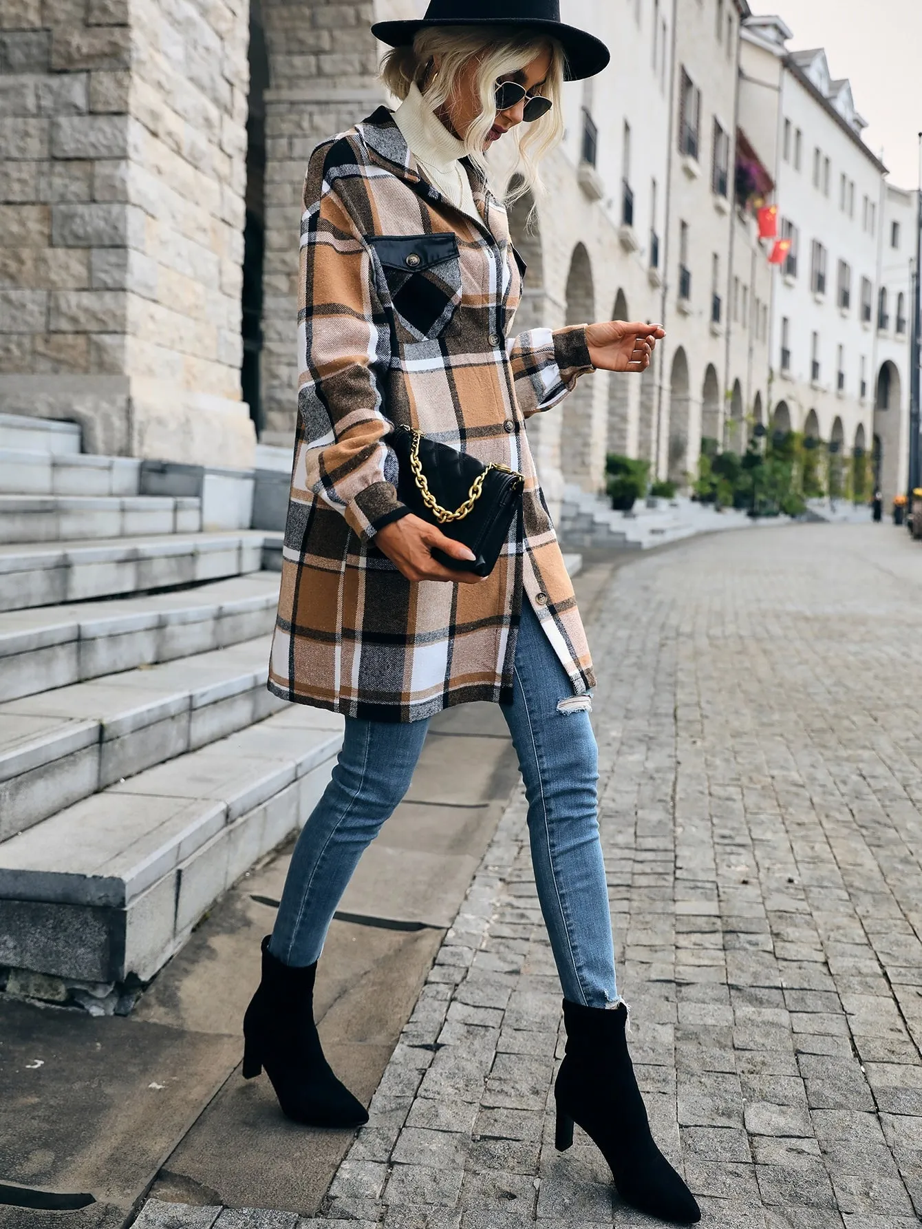 Plaid Print Drop Shoulder Flap Pocket Overcoat