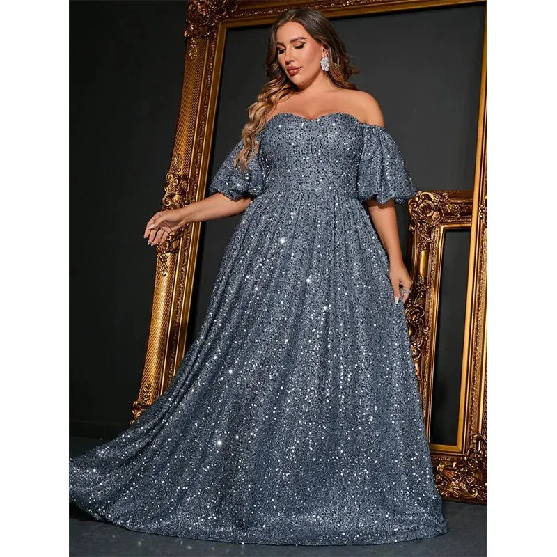 Plus Size Off Shoulder Silver Sequined Evening Dress