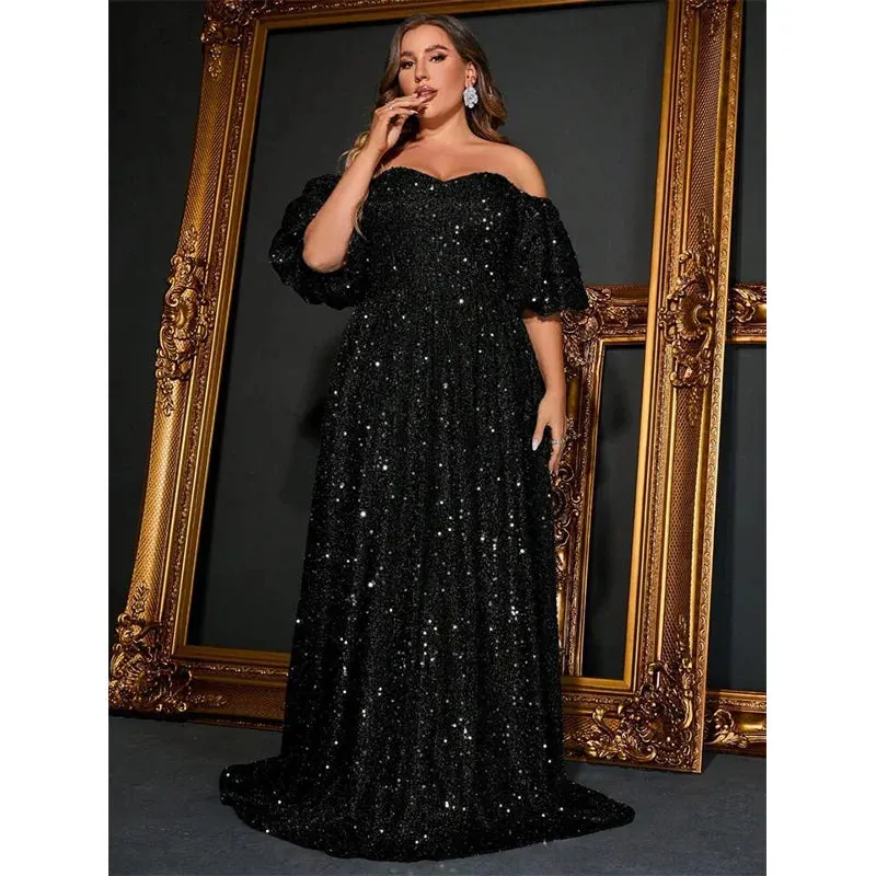 Plus Size Off Shoulder Silver Sequined Evening Dress