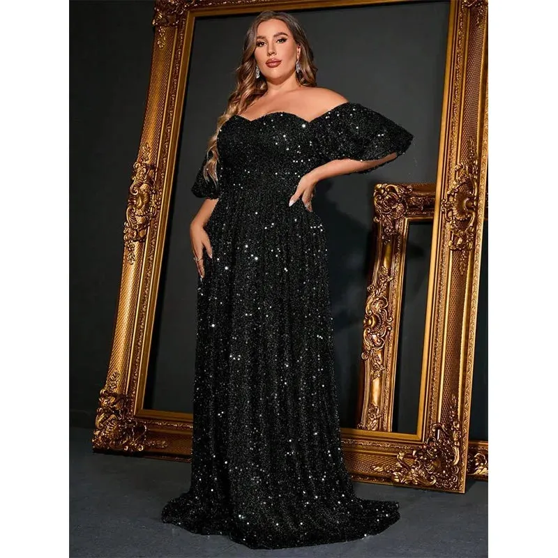 Plus Size Off Shoulder Silver Sequined Evening Dress