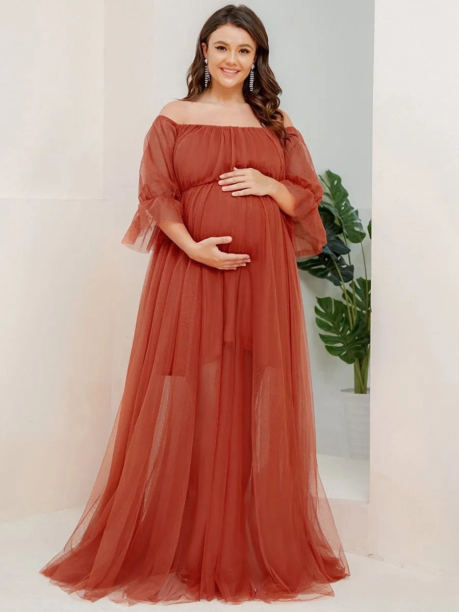 Plus Size Off-Shoulder Tulle Double Skirt Maxi Maternity Dress