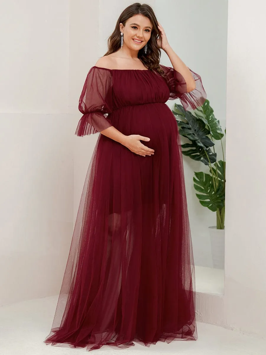 Plus Size Off-Shoulder Tulle Double Skirt Maxi Maternity Dress