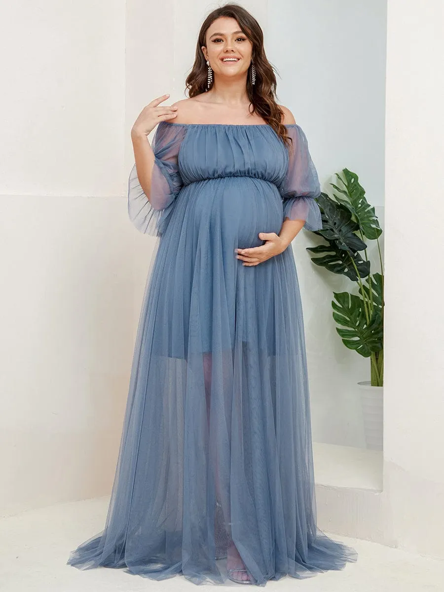 Plus Size Off-Shoulder Tulle Double Skirt Maxi Maternity Dress