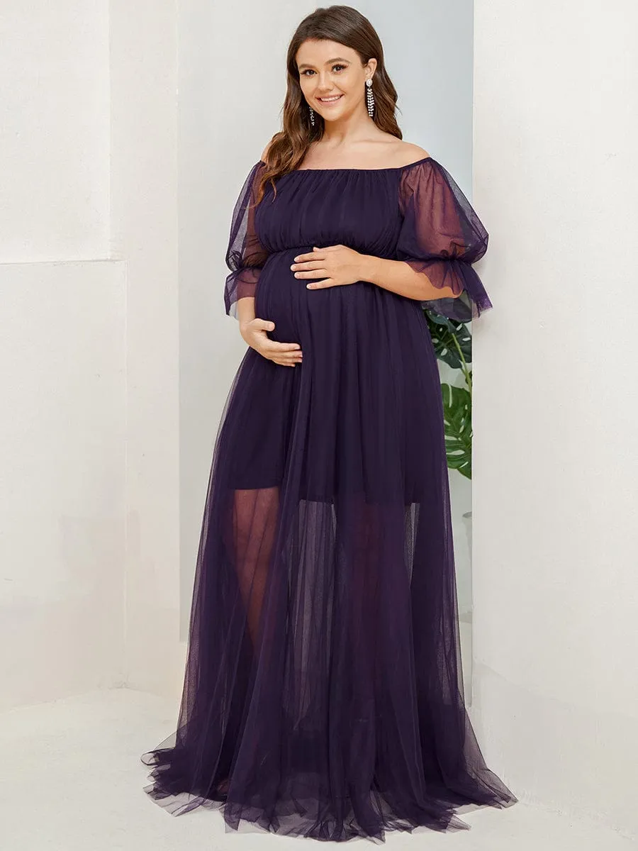 Plus Size Off-Shoulder Tulle Double Skirt Maxi Maternity Dress