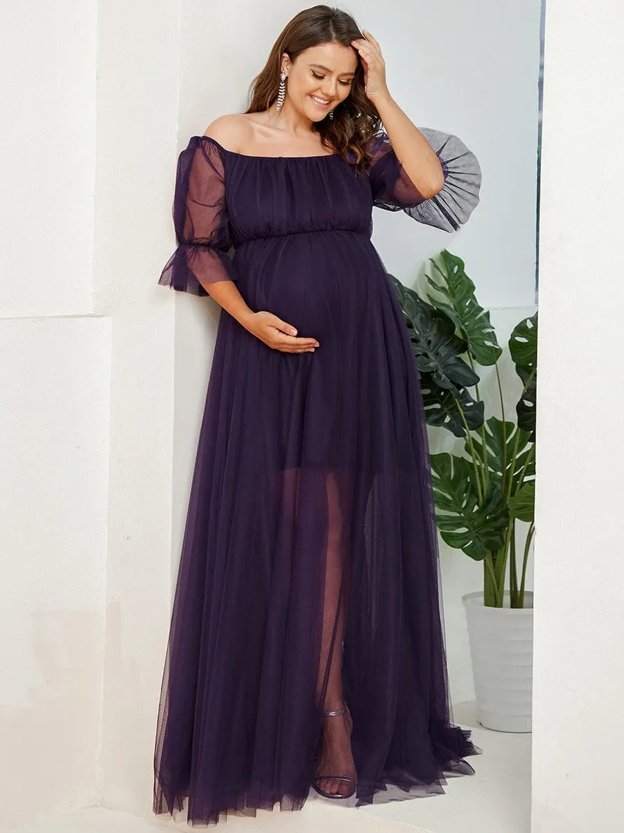 Plus Size Off-Shoulder Tulle Double Skirt Maxi Maternity Dress