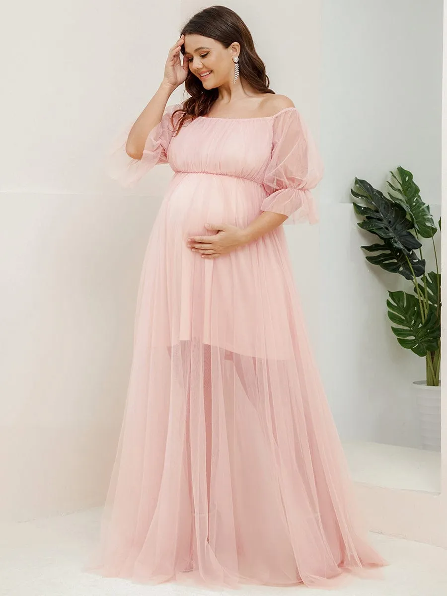 Plus Size Off-Shoulder Tulle Double Skirt Maxi Maternity Dress