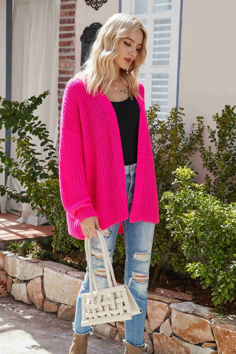 Rib-Knit Open Front Drop Shoulder Cardigan