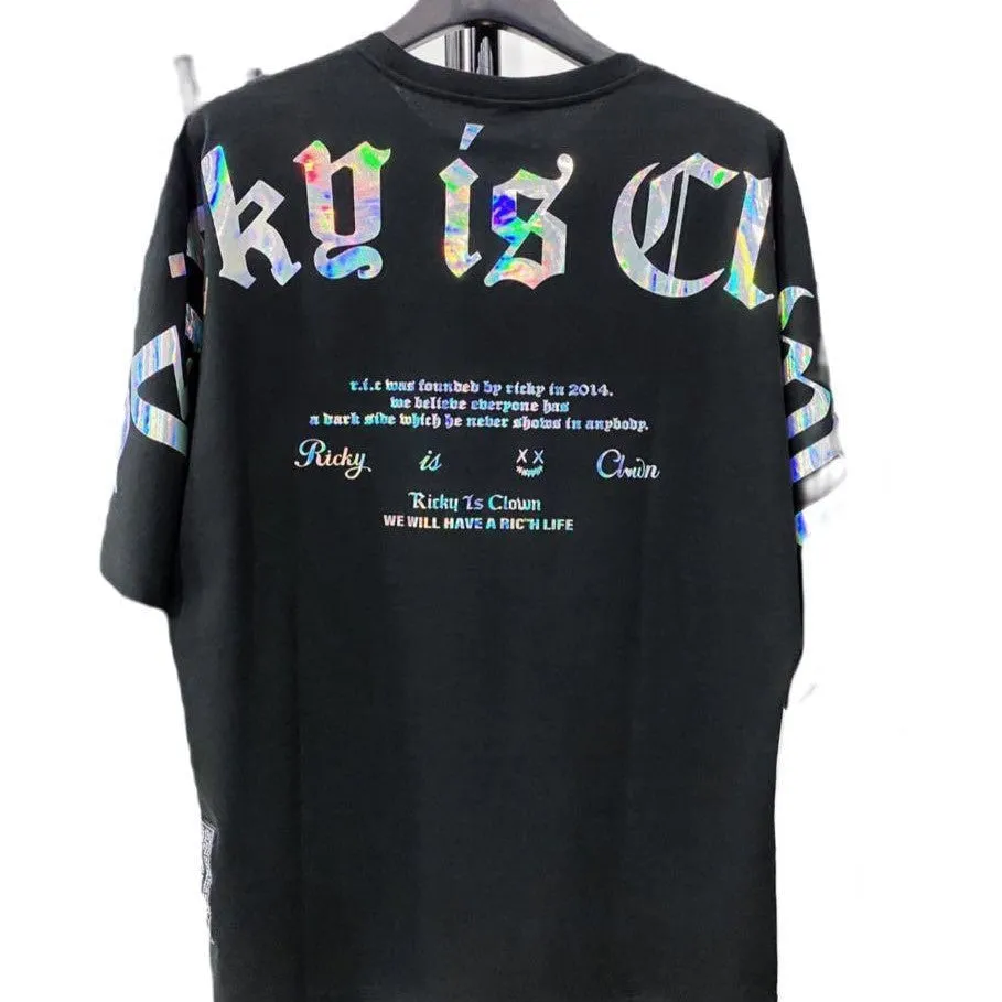 Rickyisclown [RIC] Holographic Gothic Logo Drop Shoulder Oversized Tee Black [R9210322a-PPPP]