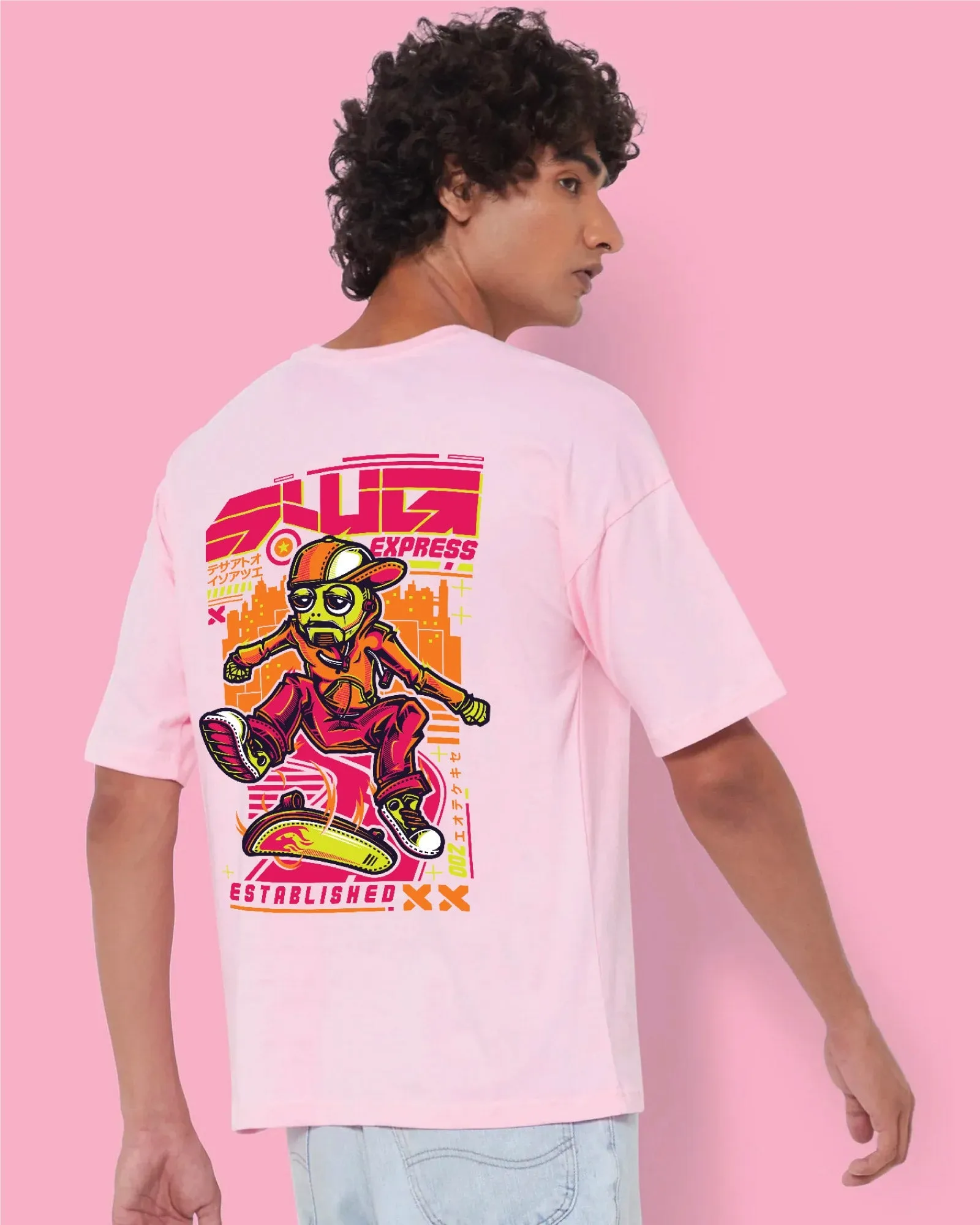 Robo Skater Drop Shoulder Crew: Baby Pink